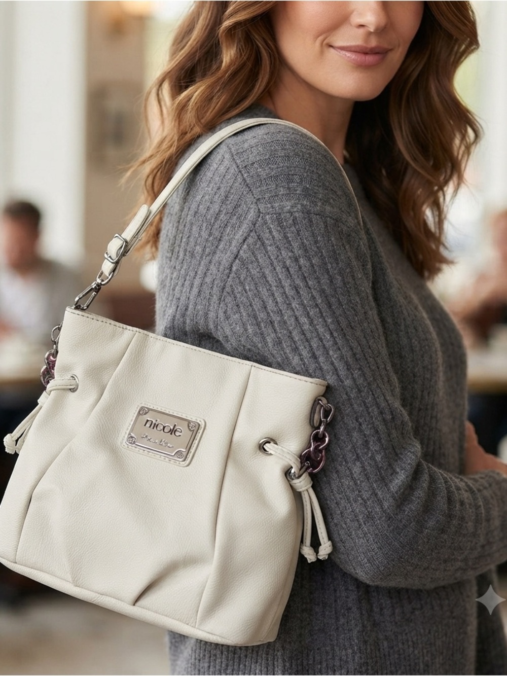 nicole by Nicole Miller Cream Pebbled Leather Drawstring Shoulder Bag